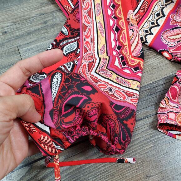 Chico’s Patched Paisley Peasant Top Red Tie Sleeve Boho Renaissance Size 2 NWT - Picture 8 of 8